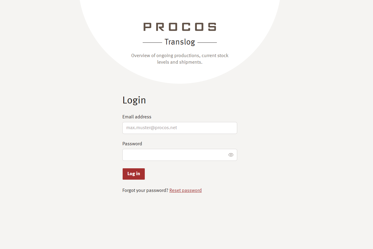 TransLog von PROCOS: Startbildschirm mit Logo und dem Hinweis auf laufende Produktionen, Lagerbestände und Sendungen
