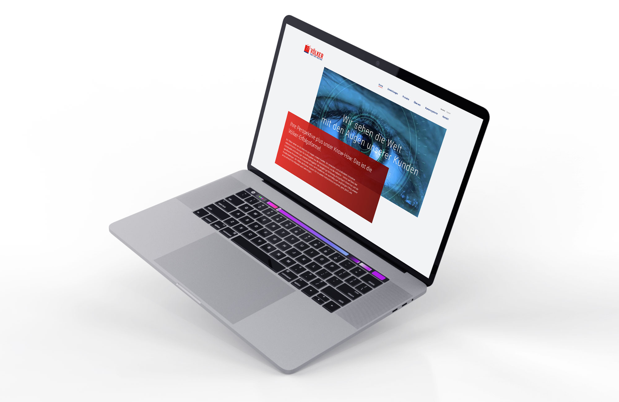 Webseiten-Relaunch für Völker – Startseite auf MacBook mit Augen-Visual und Slogan "Wir sehen die Welt mit den Augen unserer Kunden"